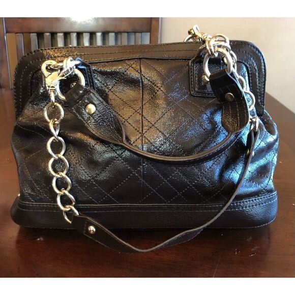 ELLIOTT LUCCA - "Helena" Quilted Brown Patent Cow Leather Satchel/Shoulder Bag - Picture 6 of 16